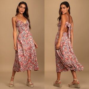 Lulus Maxi Dress Ties With You Rose Pink Floral Tie-Back Midi Open Back Medium
